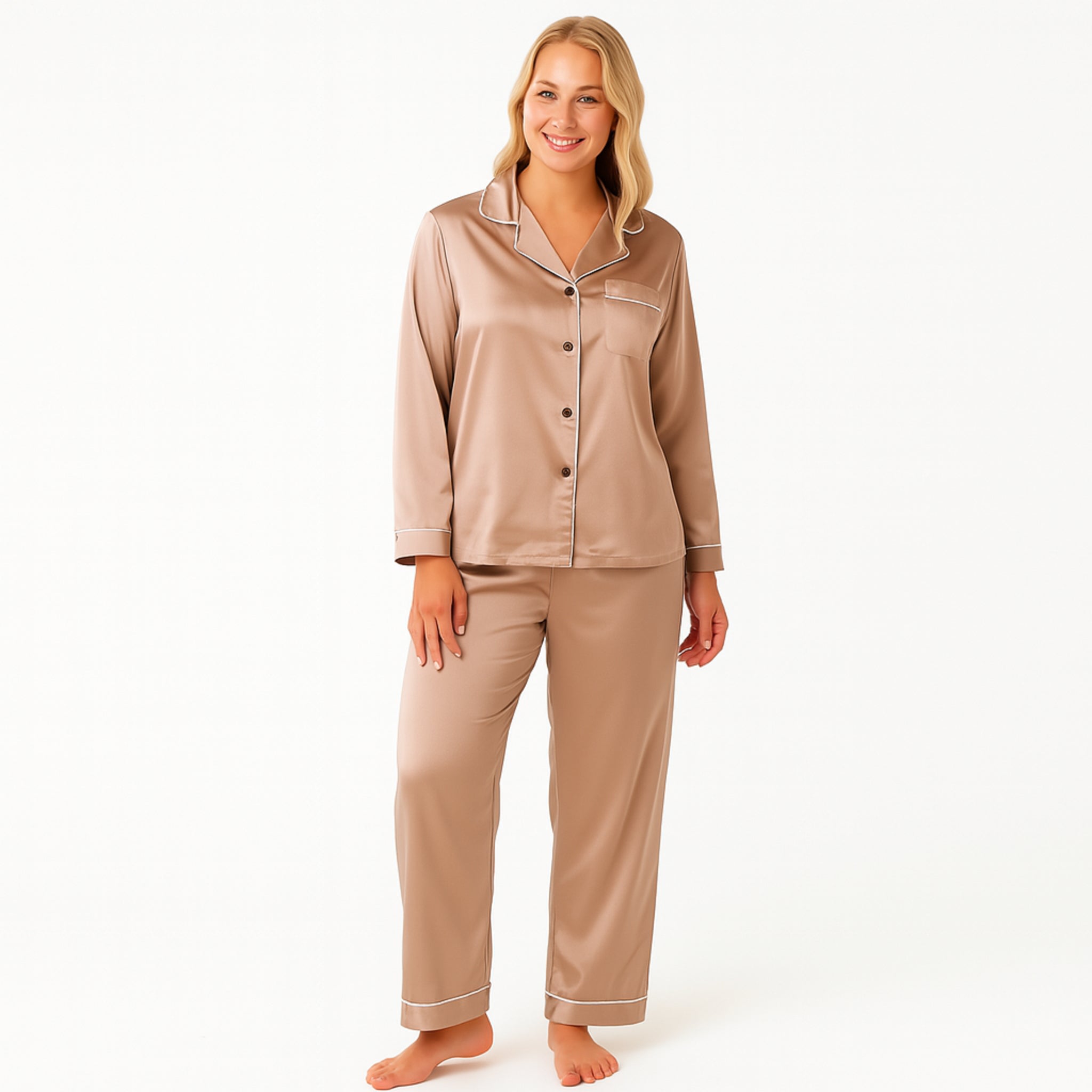 Women's soft silky touch satin pyjama set in Beige with black piping, long sleeve button-up top and matching full-length trousers, comfortable nightwear
